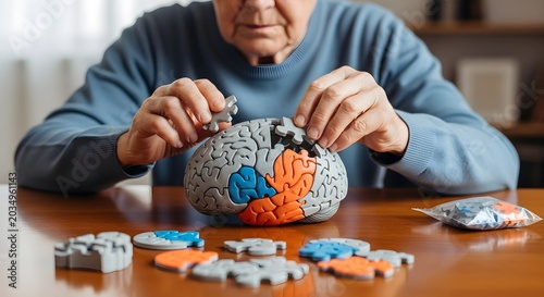 Elderly person assembling a colorful brain puzzle at a table representing dementia care, cognitive therapy, and memory stimulation in senior support.