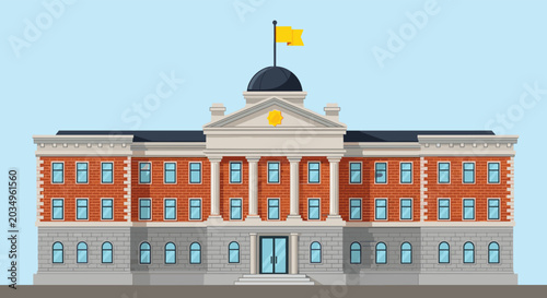 Large classical brick school building with a dome, flag, and many windows stands against a light blue sky for an educational setting.