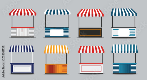 Assortment of eight colorful street market stalls with striped awnings for food or retail vendors isolated on gray background.