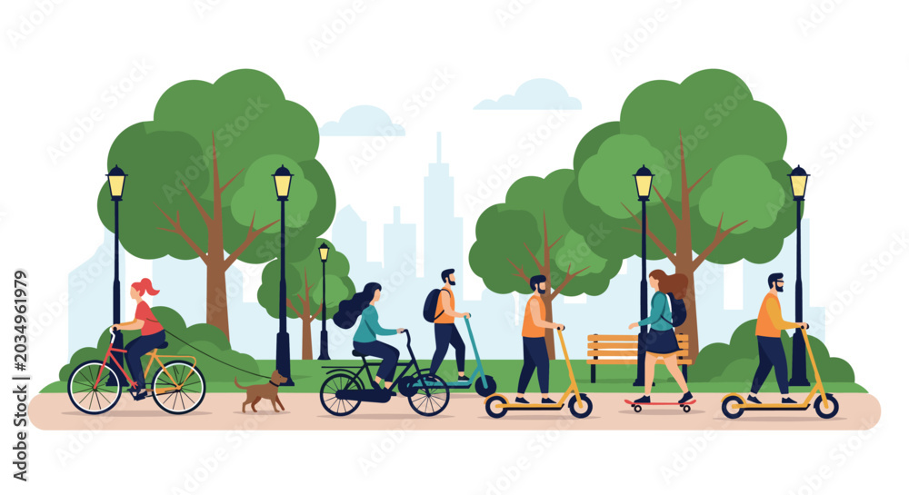 Naklejka premium Active people enjoy a sunny day in a city park while using eco-friendly transportation like bicycles, scooters, and skateboards.