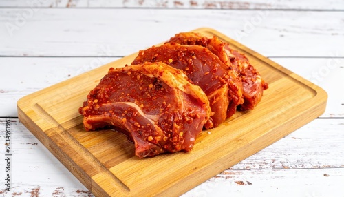 Freshly marinated pork chops with spices on a wooden board, ready for cooking. Perfect for culinary and food-related projects.
