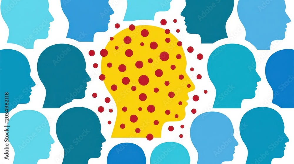 Fototapeta premium Conceptual illustration of a human head filled with red circles surrounded by blue silhouettes