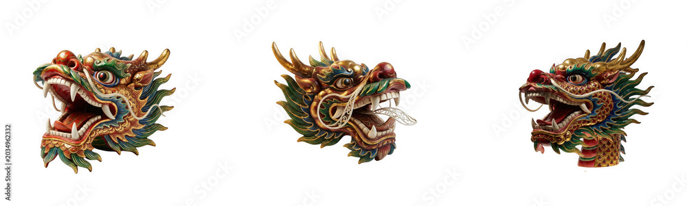 Fototapeta premium Three decorative colorful chinese dragon head masks with intricate carvings isolated on transparent background