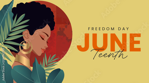 Juneteenth Freedom Day Celebration Poster Featuring African American Woman Portrait with Tropical Leaves and Sunset Background