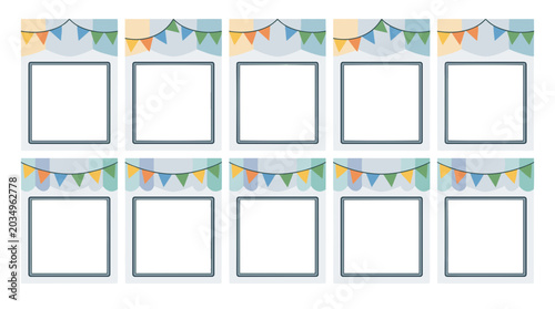 Photography Set of ten empty photo frames decorated with colorful bunting banners