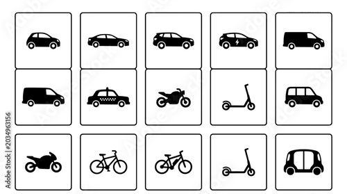 Photography Collection of different vehicle icons including cars motorcycles and scooters