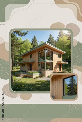 Modern wooden house with large windows in a natural setting, designed as a creative background for real estate marketing, architectural promotion, and digital advertising.