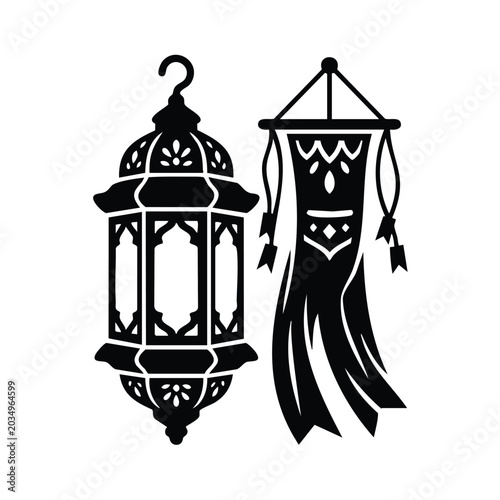 Photography Traditional arabian lantern and decorative banner for ramadan celebration