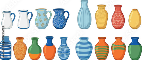 Obraz na płótnie Ceramic Vases and Clay Jugs Vector Set with Colorful Hand Drawn Patterns Stripes