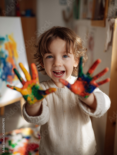 Fröhliches Kind mit bunten Farbklecksen an den Händen beim kreativen Malen – Kita, Hort, Schule, Spielspaß und kindliche Kreativität mit Copyspace