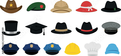 Bild auf Leinwand Diverse Uniform Hats and Fashion Headwear Vector Icon Set Featuring Cowboy Cop C