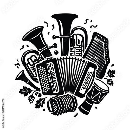 Schilderij op canvas Traditional folk music instruments set with accordion and brass horn