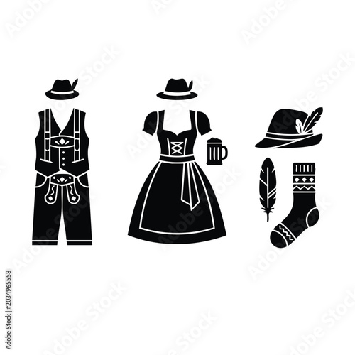 Cuadro en lienzo Traditional german clothing icons with lederhosen dirndl and hat set