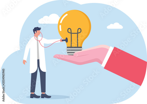 Medical doctor examining glowing lightbulb inside giant red hand with stethoscope