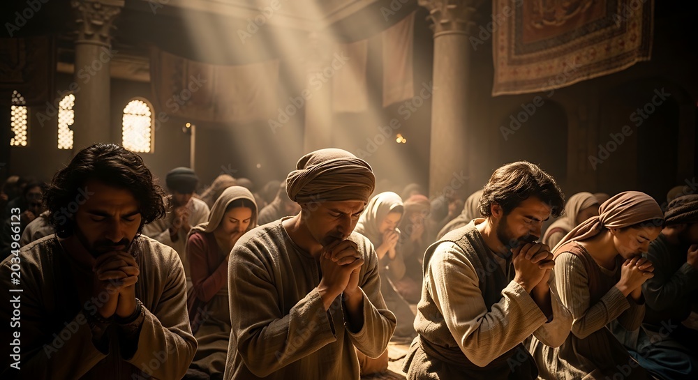 Obraz premium People in traditional attire praying together in a serene and peaceful atmosphere with hands clasped