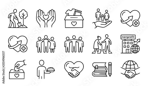 Charity, community support, and volunteering line icon set vector