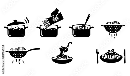 Cooking process, kitchen pots, and food preparation silhouette icons vector