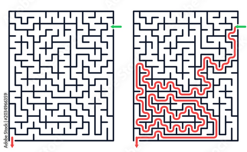 Classic rectangular labyrinth puzzle game and answer path educational activity page for children printable logic worksheet vector design