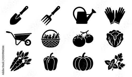 Garden tools, wheelbarrow, and organic vegetables silhouette icons vector