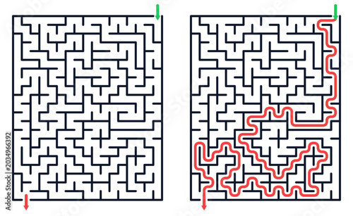 Rectangular maze puzzle game with red solution path printable educational activity worksheet for kids vector illustration