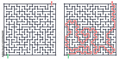 Square corridor maze puzzle game with red answer path educational printable worksheet for logic learning vector graphic