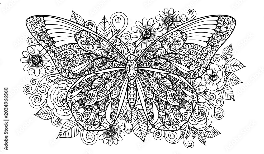 Obraz premium Detailed mandala butterfly and floral garden adult coloring page vector