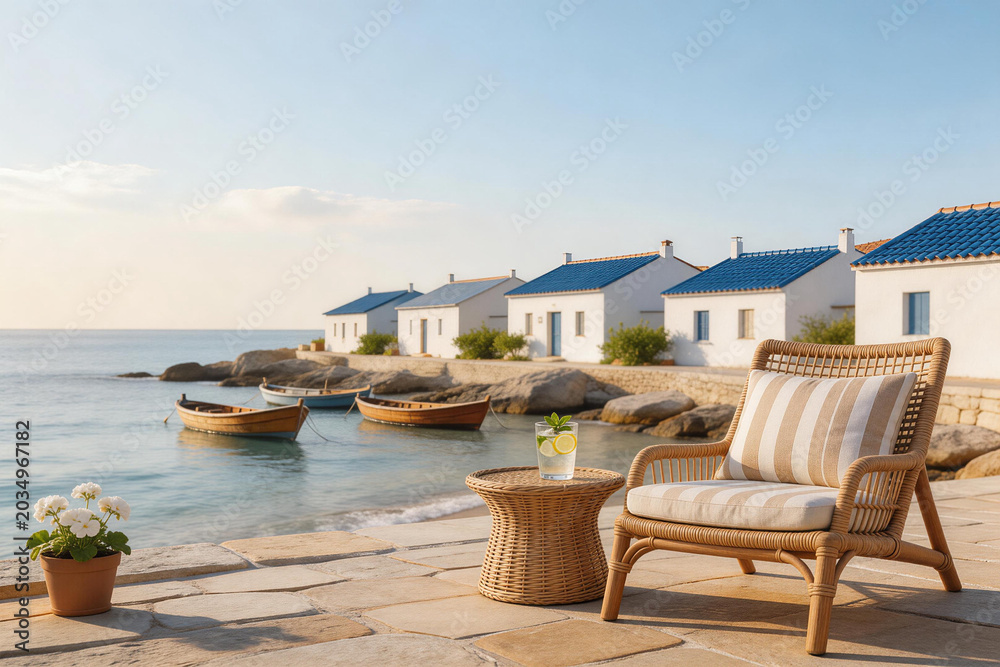Fototapeta premium Coastal patio with wicker chair, side table, and small flowerpot overlooking calm sea with boats and white houses with blue roofs