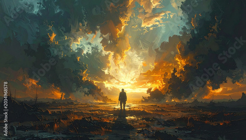 Silhouette of a person standing alone on a desolate landscape with a dramatic cloudy