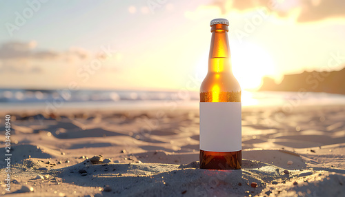 Amber beer bottle with blank label standing on a sandy beach at sunset, warm golden light, gentle waves in the background, perfect for summer refreshment concepts