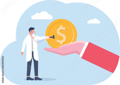 Medical doctor examining glowing golden dollar coin inside giant red hand with stethoscope