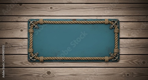 Rustic Wooden Plank Background with Nautical Rope Framed Teal Sign.