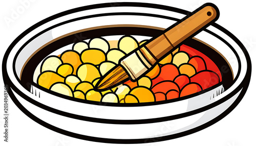 Bowl with yellow and red paint, paintbrush dipping into yellow pigment, art supplies and creativity concept, flat illustration