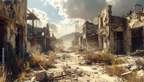 Post-apocalyptic deserted street with ruined buildings and rubble under a cloudy sky