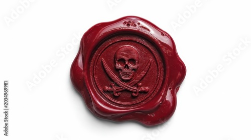glossy dark red wax seal stamped with a classic pirate skull emblem isolated on a seamless white background crisp details on the wax texture vintage pirate logo concept
