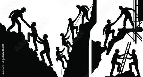 Photos Silhouette set of rescue workers helping climbers and teammates during mountain