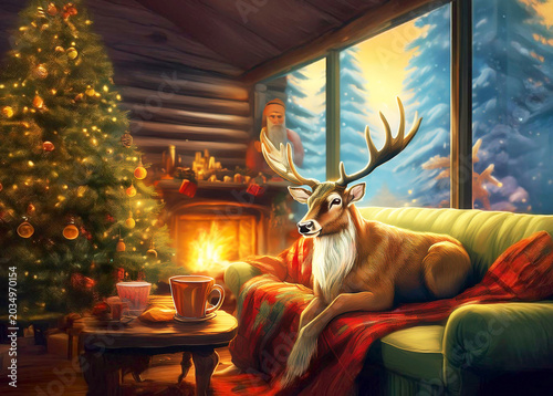 Reindeer Relaxing with Light Meal in Warm Log Home