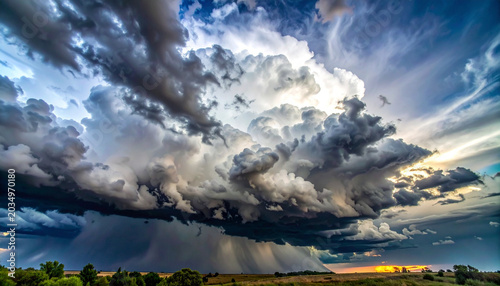 Dramatic stormy sky with dark clouds and sun rays peeking through, stormy weather