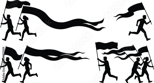 Silhouette set of people running with waving flags isolated on light background for protest and celebration concepts
