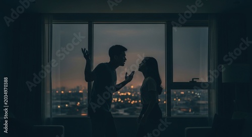 Silhouette of a couple arguing in front of a city skyline at night.