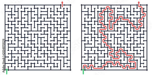 Square maze puzzle game with red solution path printable educational activity worksheet for kids vector illustration