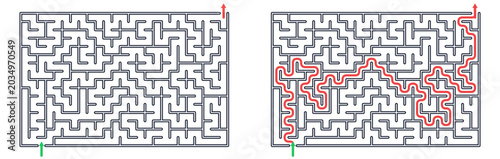 Rectangular maze puzzle game with answer path educational printable logic worksheet for kids vector graphic