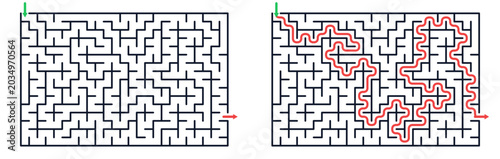 Classic horizontal rectangular labyrinth puzzle game and red solution path educational activity page for children printable vector design