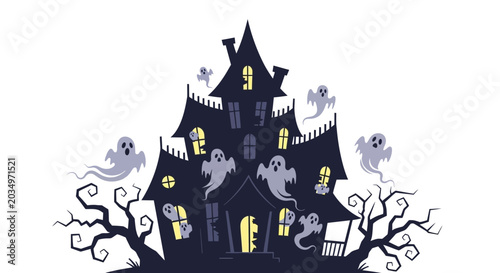 Fotografi Haunted House with Ghosts and Spooky Trees - Halloween Illustration