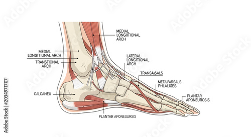 Foto Human Foot Anatomy Diagram - Bones, Muscles, Arches