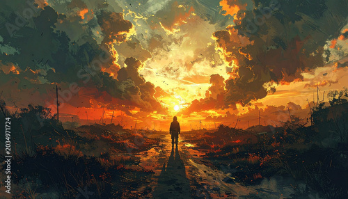 Silhouette of a person walking alone on a deserted road towards a vibrant orange sunset