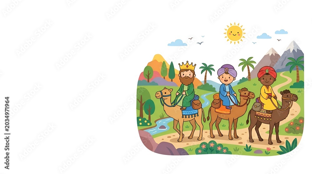 Naklejka premium Three wise men riding camels through a desert landscape in a colorful flat vector illustration style with a bright smiling sun