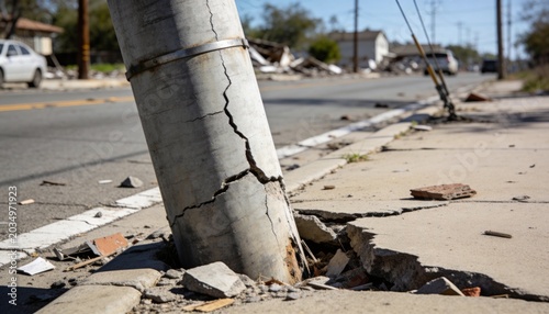 Leaning concrete utility pole showing cracks and sinking into sidewalk on street, with shifted curb