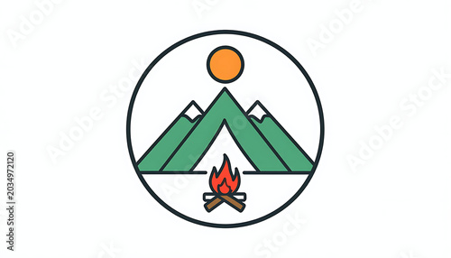 Campfire under stylized mountains and sun, simple nature emblem, outdoor adventure symbol, travel icon, camping scene, crisp lines, circular emblem