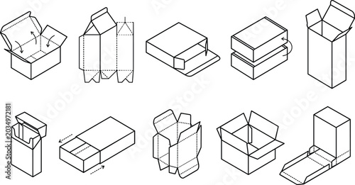 Cartoon packaging box icons with folding carton, sleeve, and die‑cut layouts representing product design vector illustration