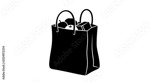 Fotografía Black shopping bag filled with groceries and gifts, isolated on white background